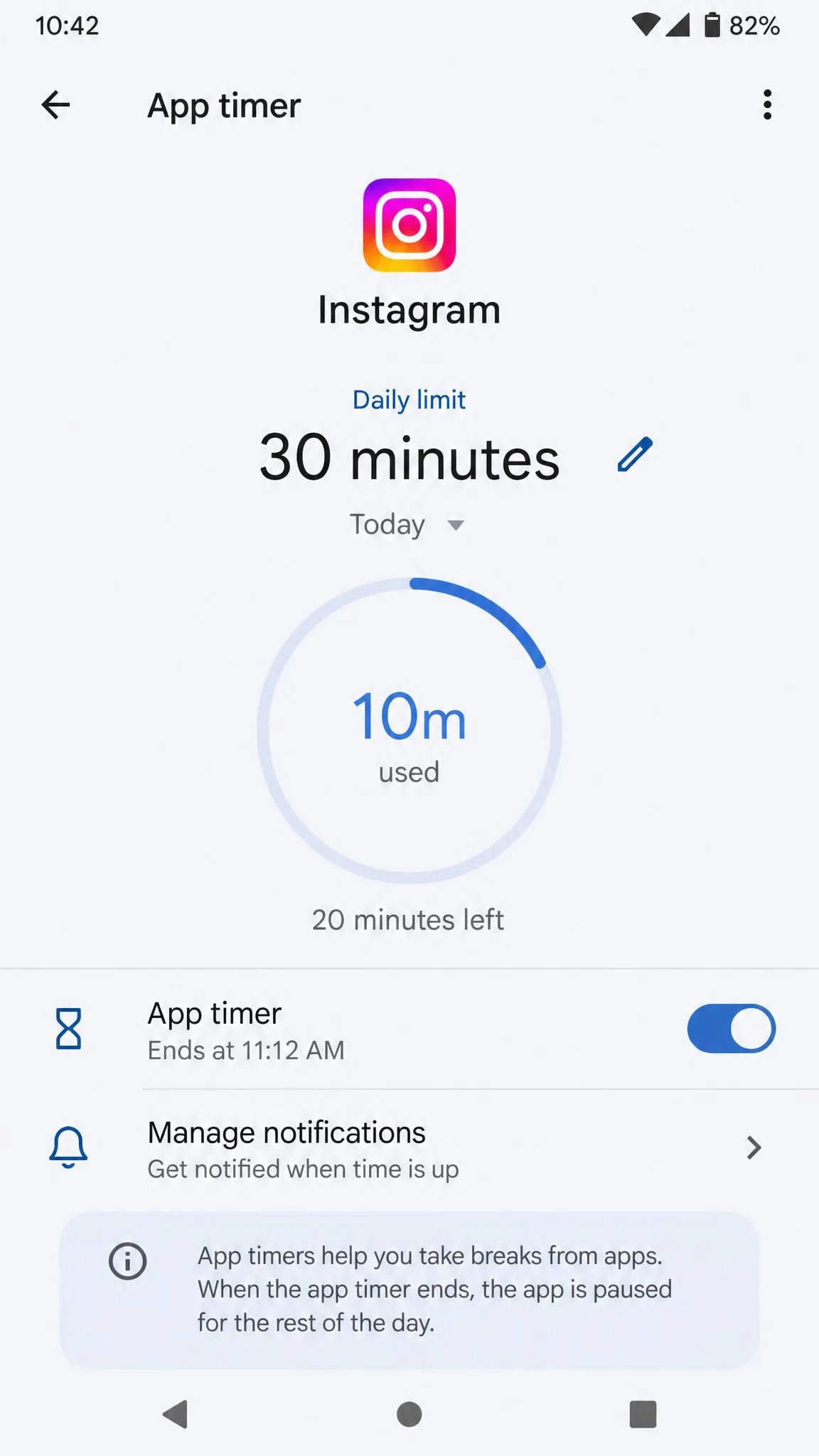 Android Digital Wellbeing App Timer screen showing a 30-minute daily limit set for a social media app.