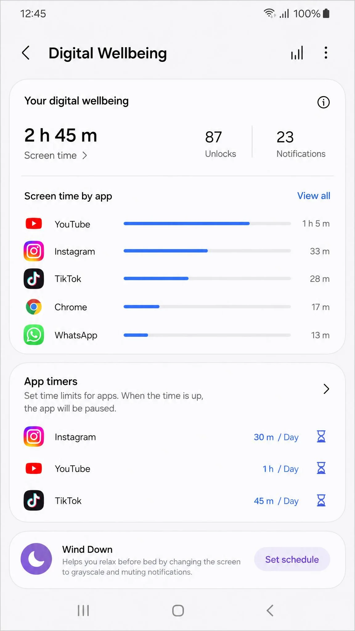 Samsung One UI Digital Wellbeing dashboard with per-app usage bars, app timers, and a Wind Down schedule button.