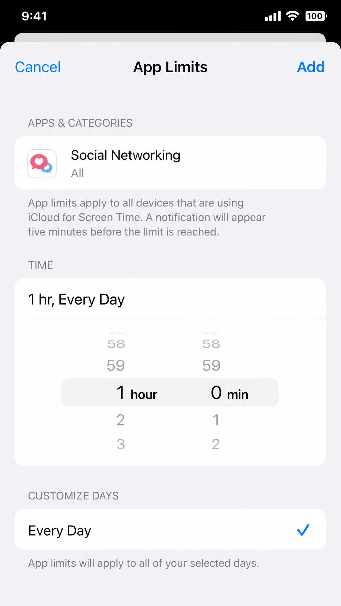 iPhone Screen Time App Limits setup screen with the daily time allowance set to one hour for the Social Networking category.