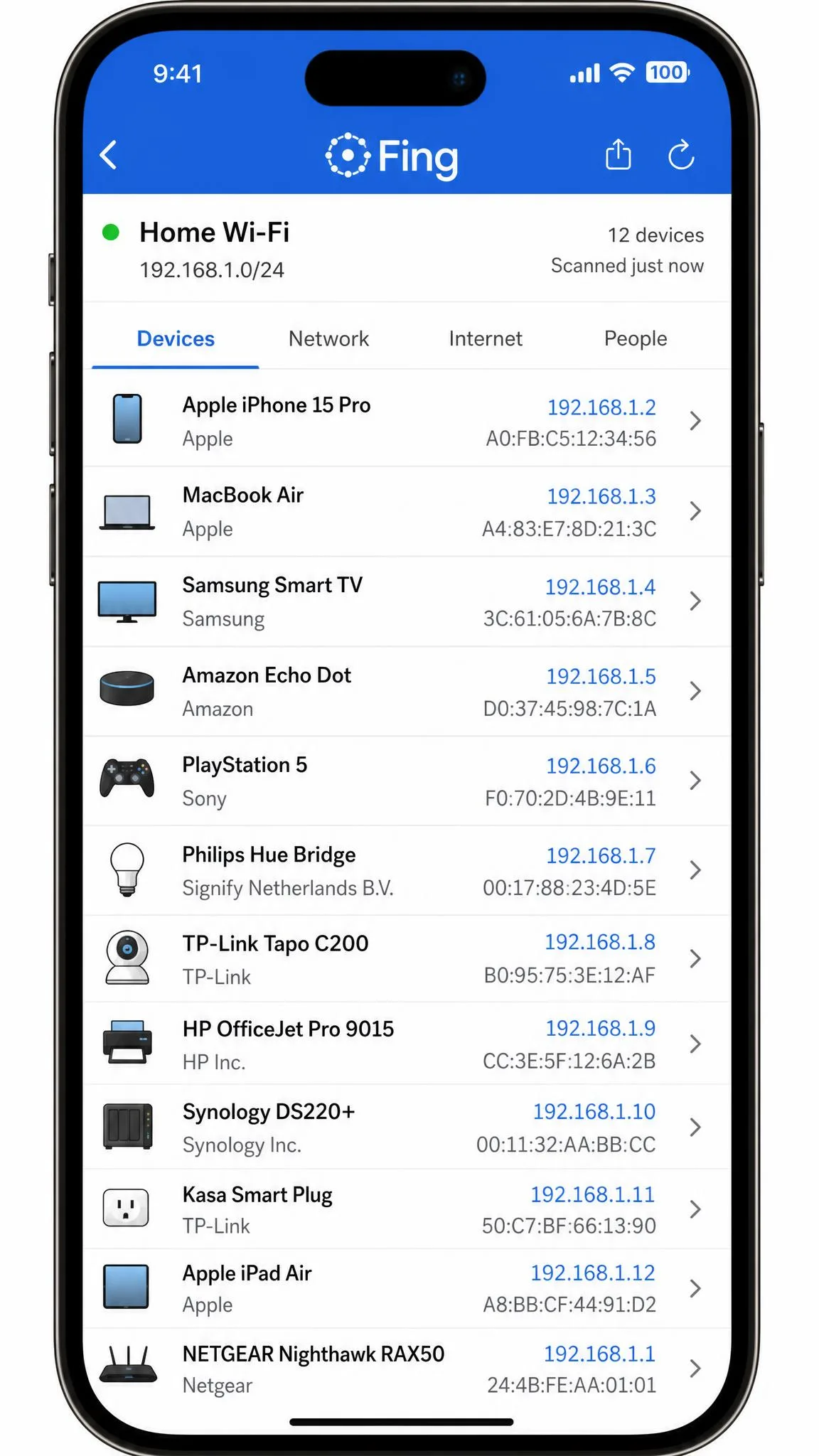 Fing scan results on a phone, showing each device with its brand, IP address, and MAC address.