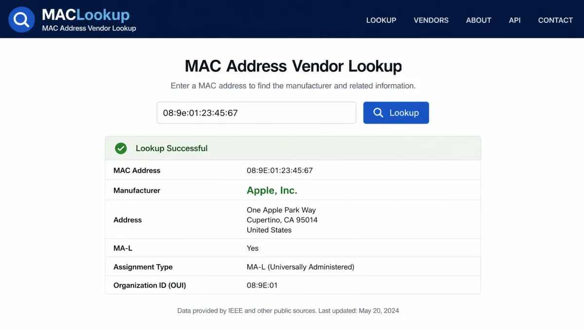 A MAC address vendor lookup page showing the manufacturer name returned for a device.