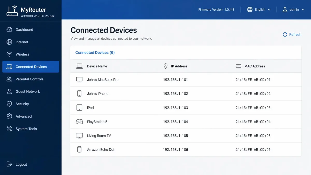 A router admin panel showing the connected devices list with device name, IP address, and MAC address columns.