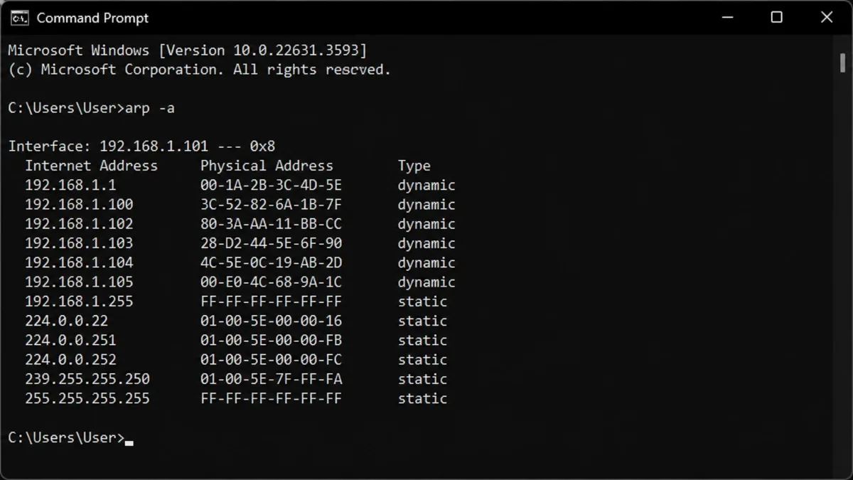 Windows Command Prompt showing the arp -a output with the IP and MAC addresses of local devices.