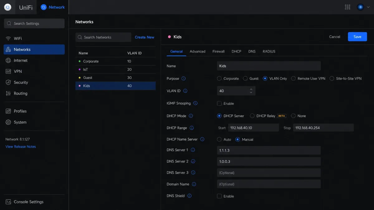 UniFi's network settings for the kids VLAN with custom DNS servers 1.1.1.3 and 1.0.0.3.