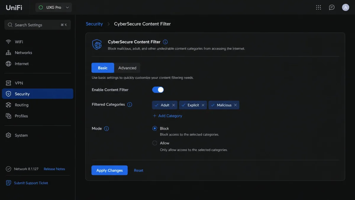 UniFi's CyberSecure Content Filter screen with the Basic toggle on and adult, explicit, and malicious category chips selected.