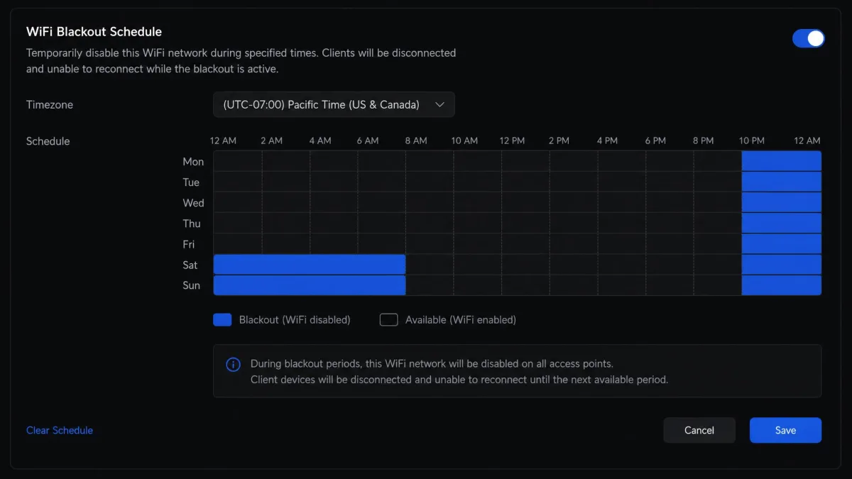 UniFi's WiFi Blackout Schedule section at the bottom of a wireless network's advanced settings.