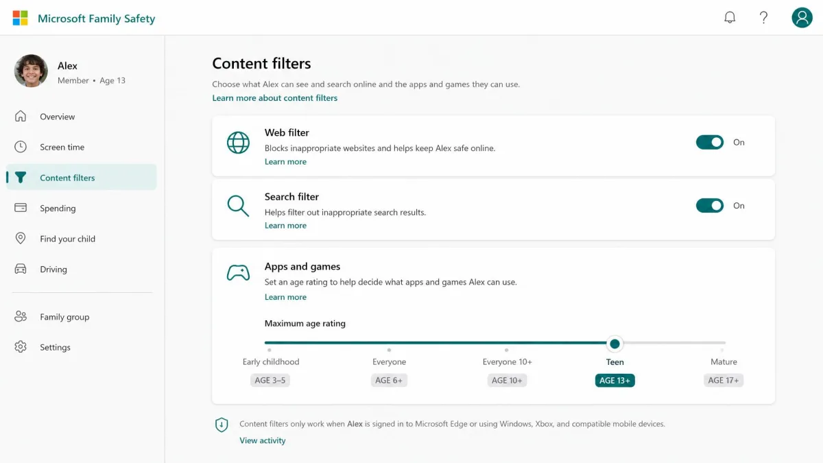 Microsoft Family Safety Content filters tab with the web and search filter toggled on and an age rating slider for apps and games.