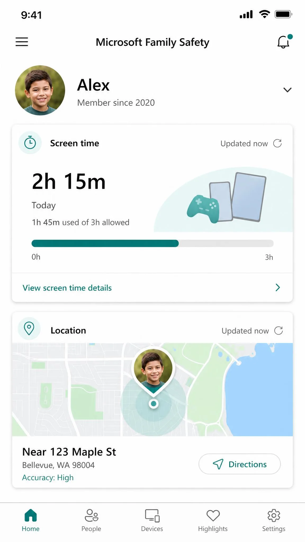 Microsoft Family Safety mobile app home screen showing a child's name, current screen time usage, and device location on a map.