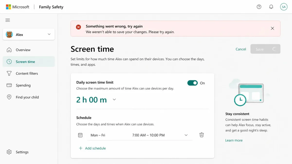 Microsoft Family Safety showing a Something went wrong, try again error banner while saving a screen time change.