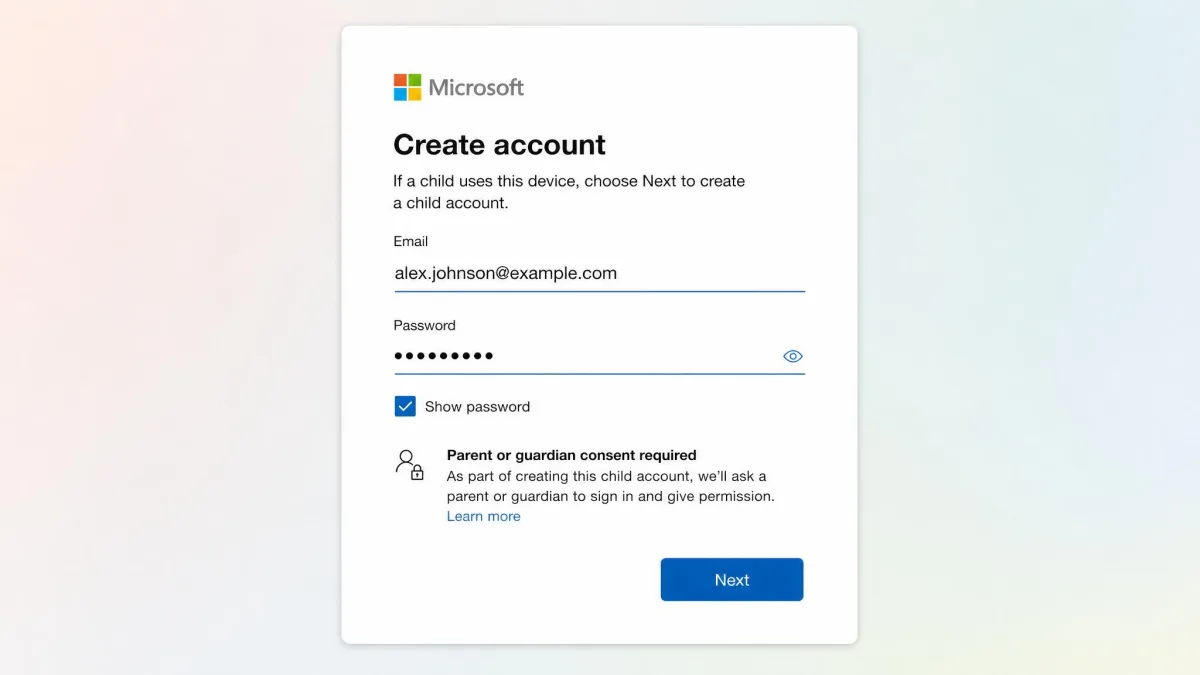 Microsoft account sign-in screen during child account creation, with email and password fields and the parental consent notice.
