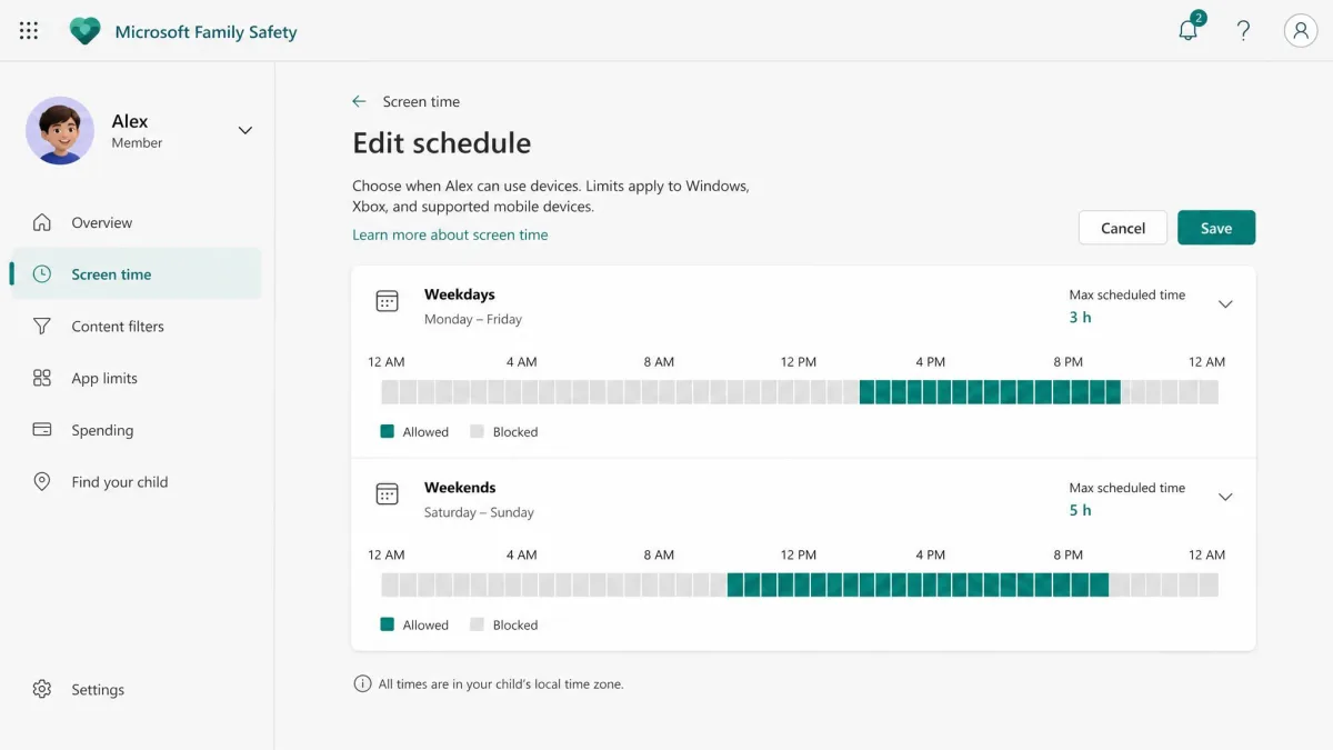 Microsoft Family Safety screen time schedule editor showing weekday and weekend hour bars for a child's device limit.