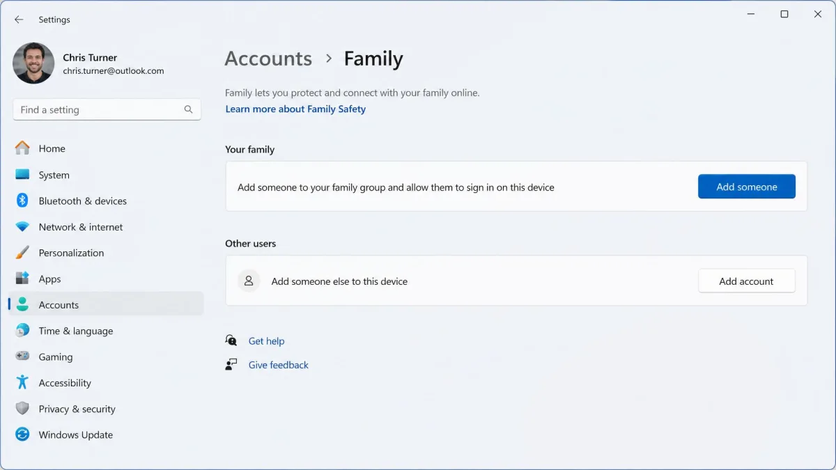 Windows 11 Settings > Accounts > Family page with the Add someone button, ready to create a child account.