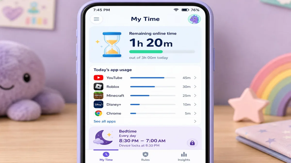 The My Time app on a child's phone showing remaining online time, the per-app usage list, and the active bedtime rule.