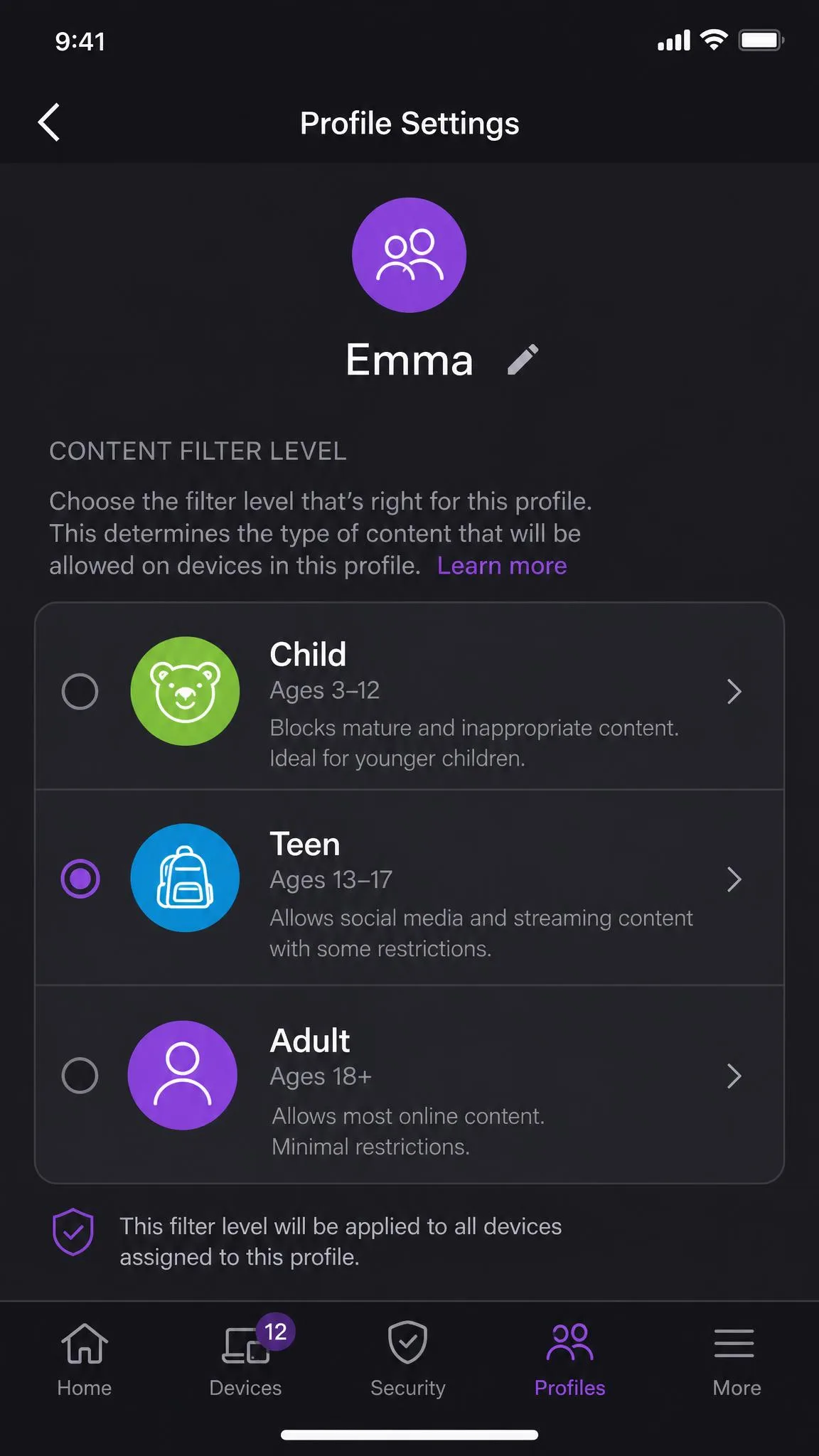 The profile settings screen in the Nighthawk app showing the Child, Teen, and Adult content filter level options with age ranges listed.