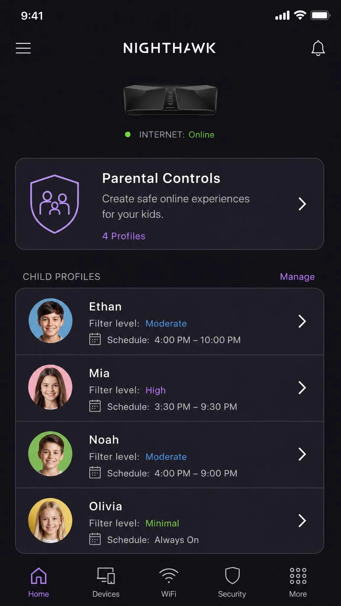 The Nighthawk app home screen showing the Parental Controls tile and the list of child profiles with filter level and schedule summaries.