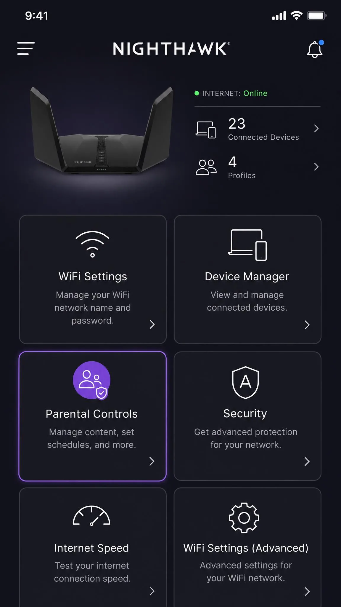 The Nighthawk app home screen with the Parental Controls tile highlighted, showing the number of connected devices and current profile count.