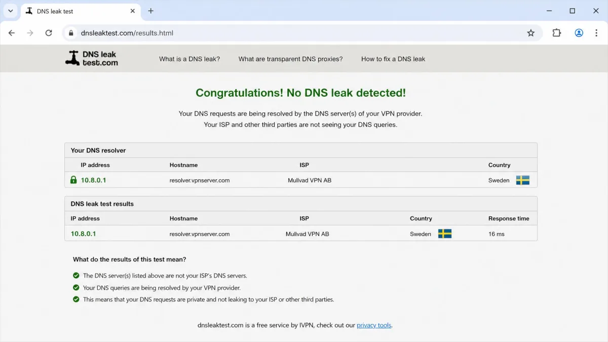 A DNS leak test results page in a web browser showing the VPN server's DNS resolver rather than the home internet provider, confirming no leak.