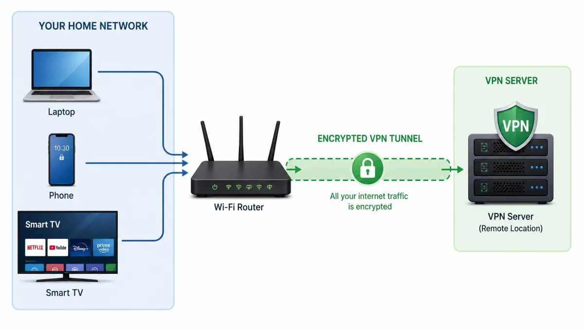 Diagram of a home network showing devices connecting through an encrypted VPN tunnel to a VPN server, with the router in the center and a laptop, phone, and smart TV on the left.