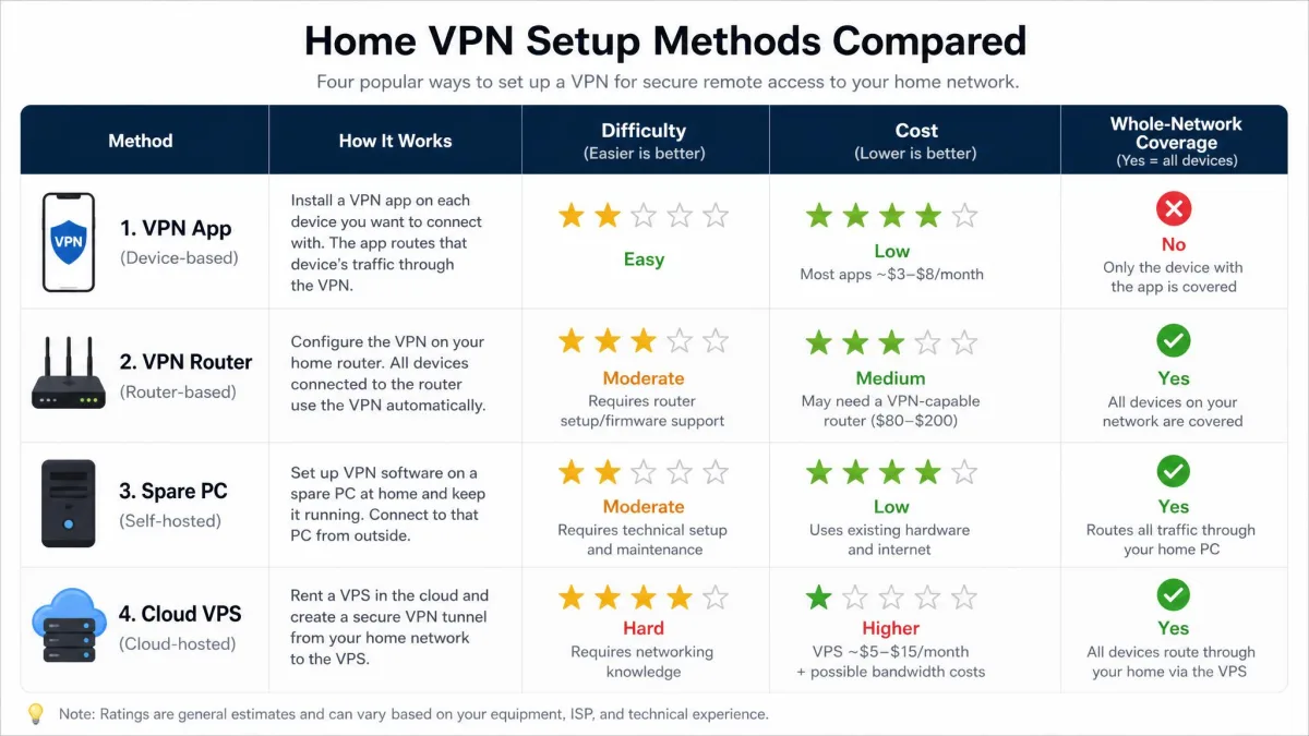 A comparison chart of four home VPN setup methods, app, router, spare PC, and cloud VPS, with columns rating difficulty, cost, and whole-network coverage.