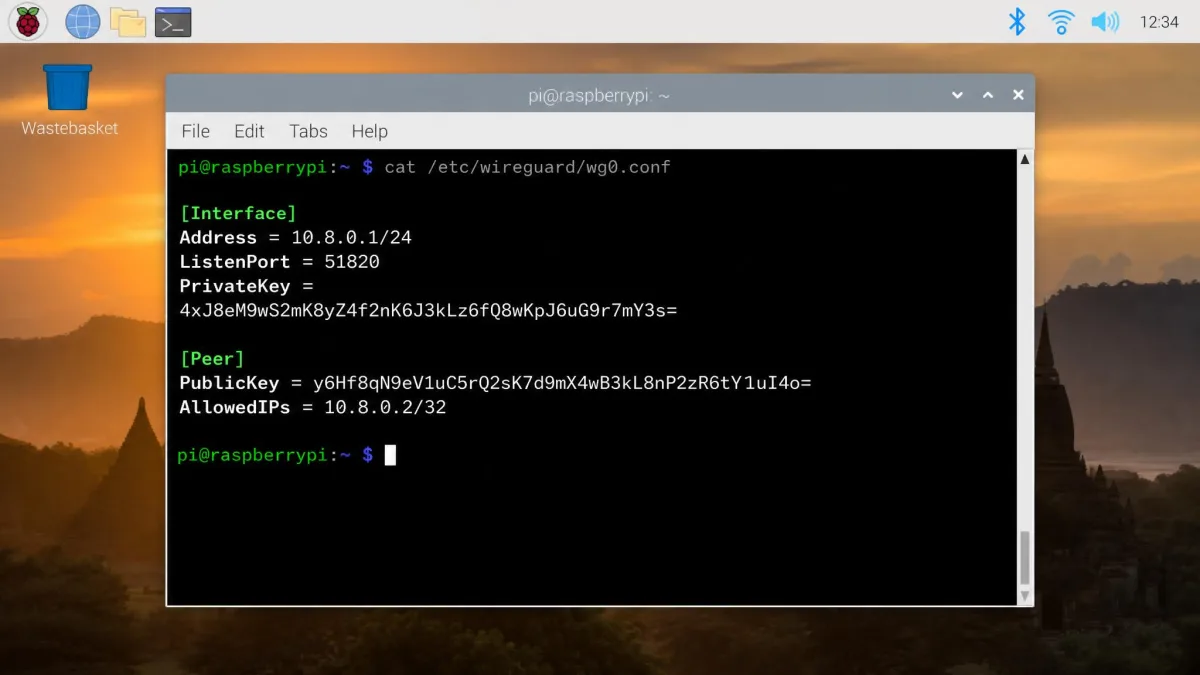 A terminal window on a Raspberry Pi showing a WireGuard server configuration file with the interface address, listen port, and a client public key section.
