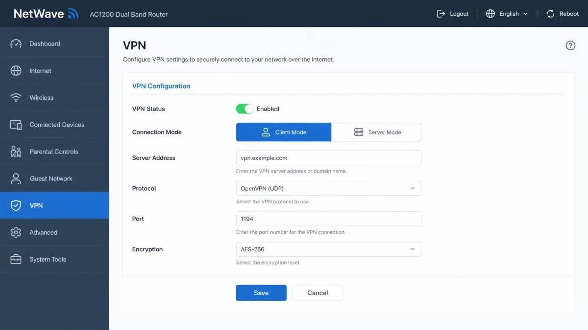 A router admin dashboard open to the VPN settings tab, showing fields for server address, protocol, and a client and server mode toggle.