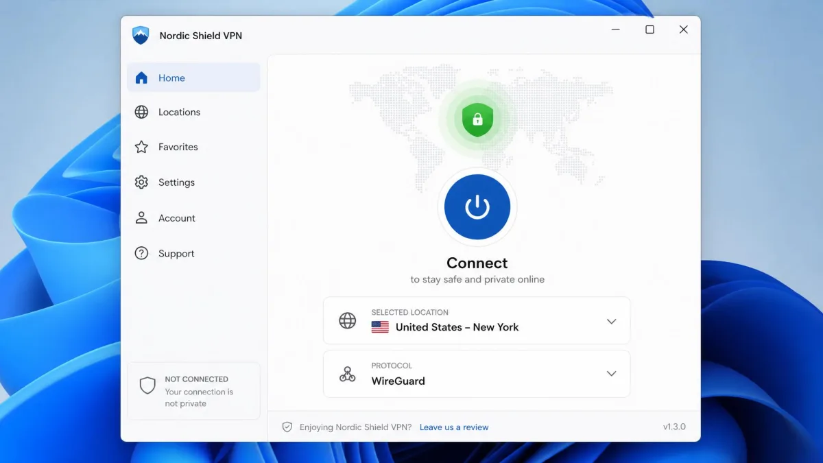 A VPN provider desktop app on Windows showing a large connect button, a selected server location, and a protocol dropdown set to WireGuard.