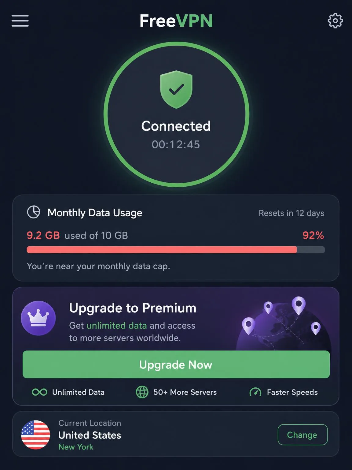 A free VPN app screen displaying a monthly data cap usage bar near its limit alongside a prompt to upgrade to a paid plan for unlimited data and more servers.