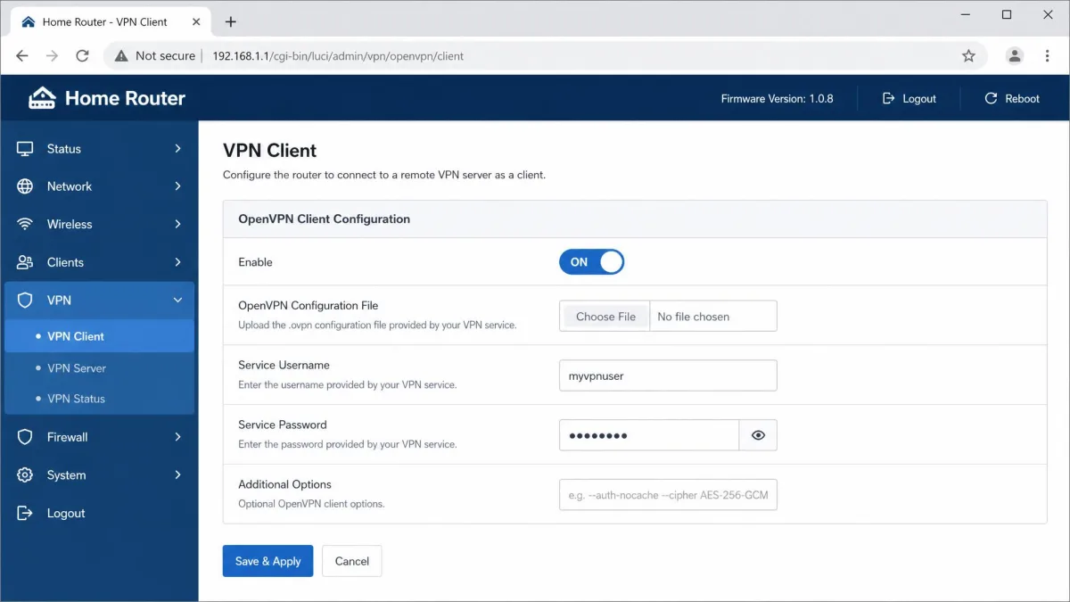 A home router admin panel open in a browser on the VPN client page, with fields to upload an OpenVPN configuration file and enter service username and password.