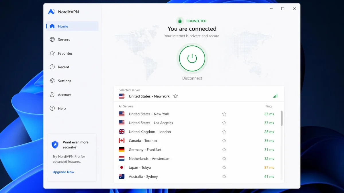 A VPN desktop app open on the main connect screen, showing a large connect button, a "Connected" status, and a scrollable list of country servers with ping times on the right.