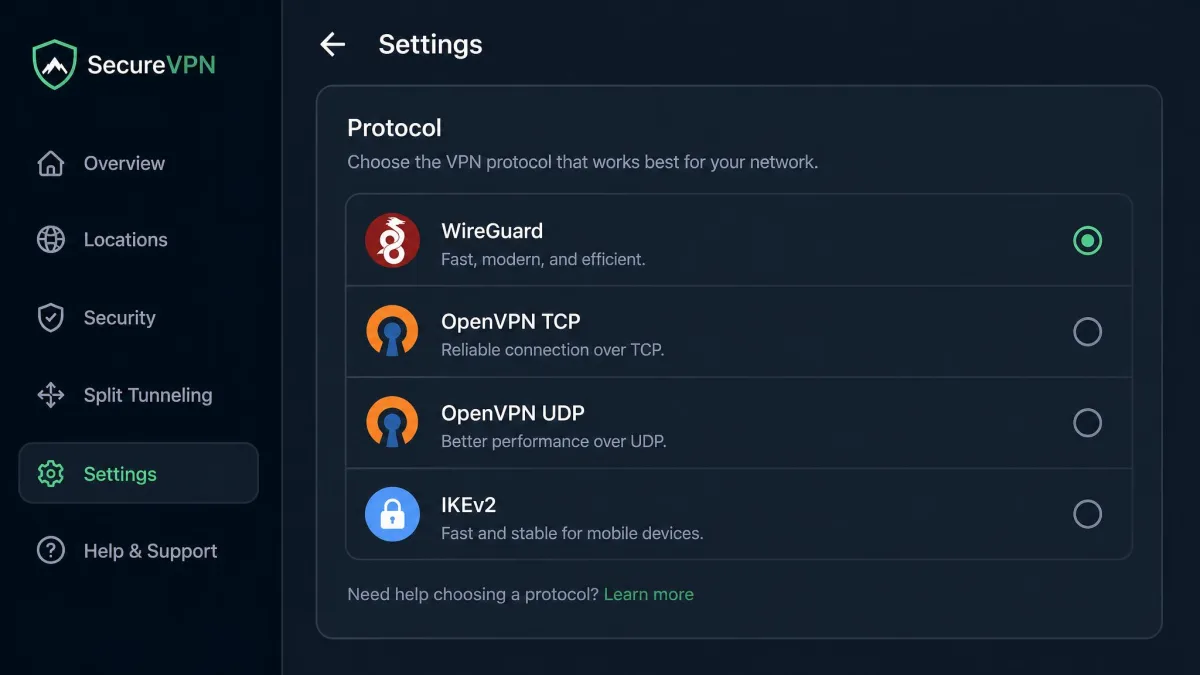 A VPN app settings screen showing the protocol selector with WireGuard, OpenVPN TCP, OpenVPN UDP, and IKEv2 options, WireGuard currently selected.