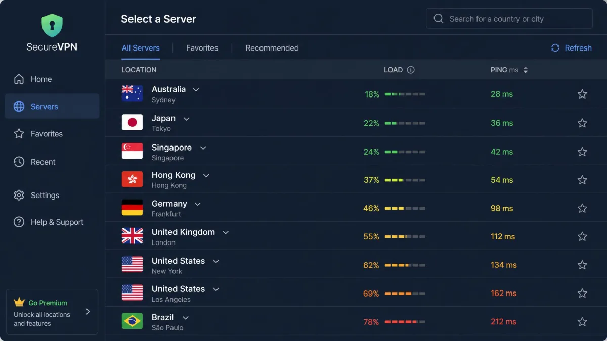 A VPN app server selection screen listing countries and cities, each row showing a load percentage and ping in milliseconds so the user can pick a fast nearby server.
