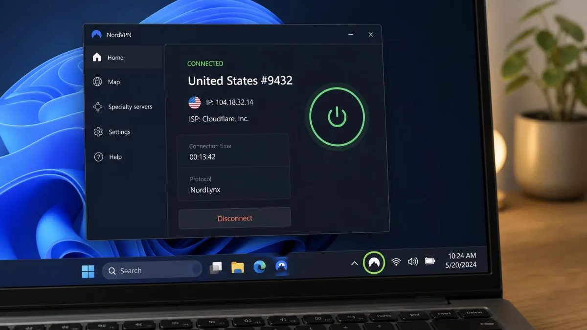 A laptop screen showing a VPN app in the "Connected" state next to the operating system taskbar, with the VPN status indicator icon visible to confirm the tunnel is active.