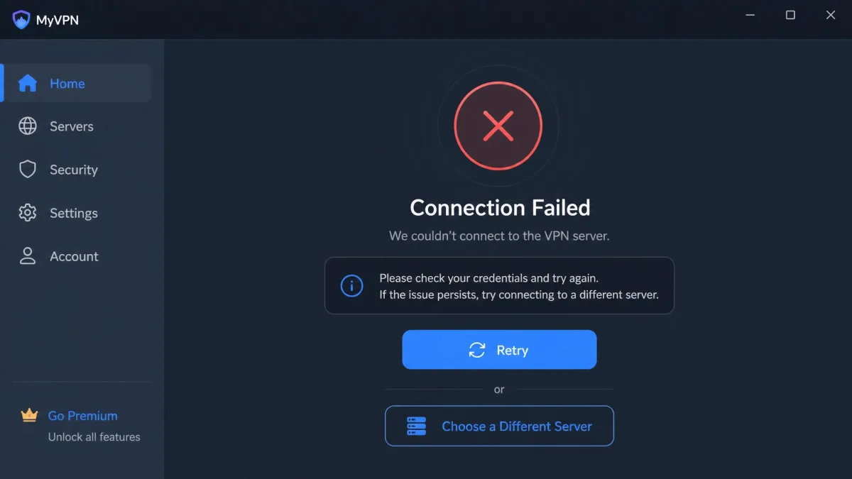 A VPN app showing a connection failed error message with a retry button and a suggestion to check credentials or try a different server.