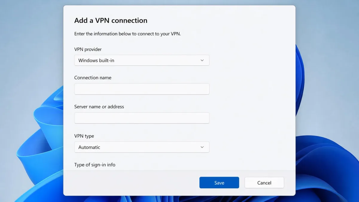 The Windows 11 Add a VPN connection dialog with fields for VPN provider set to Windows built-in, connection name, server name or address, and VPN type protocol dropdown.