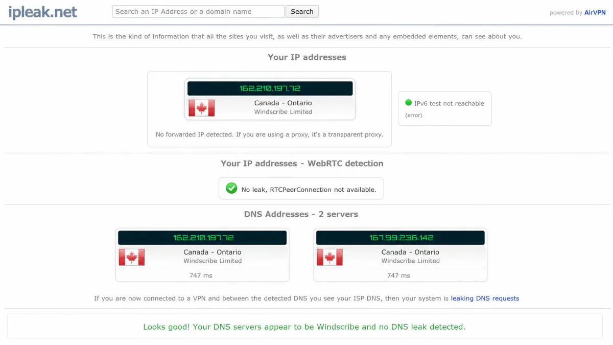 An ipleak.net results page showing a VPN server IP address and matching DNS servers, confirming no DNS leak while Windscribe is connected.