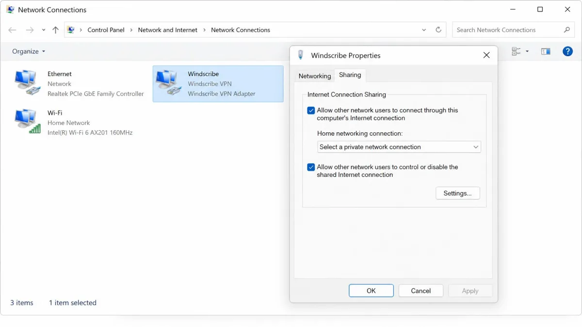 The Windows Network Connections properties dialog with the Sharing tab open and the option to allow other network users to connect through the Windscribe adapter selected.