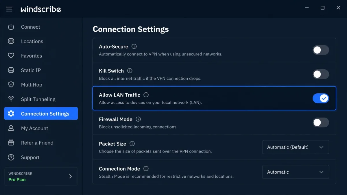 The Windscribe desktop app Connection Settings screen with the Allow LAN Traffic toggle switched on and highlighted.