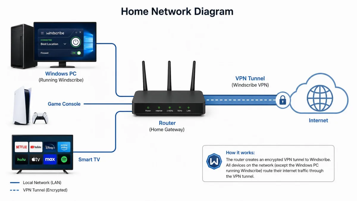 A home network diagram showing a Windows PC running Windscribe, a router, a game console, and a smart TV, with a labeled VPN tunnel leaving the router to the internet.