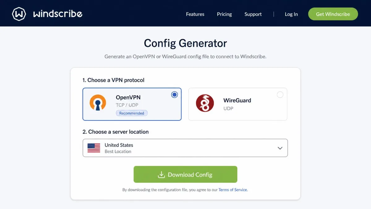 The Windscribe config generator web page showing OpenVPN and WireGuard options with a server location dropdown and a download button.