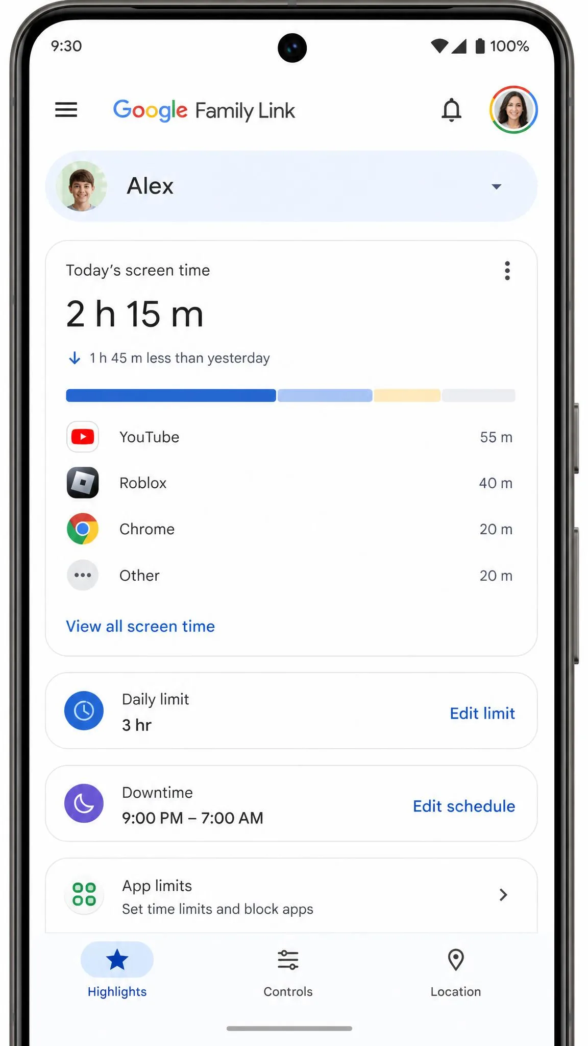 The Google Family Link app on a parent's phone showing the screen time dashboard for a child's supervised account.