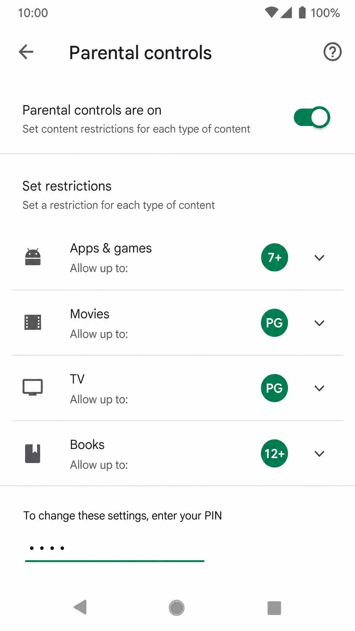 The Google Play Store's parental controls screen with age-rating filters for apps and games, movies, TV, and books.