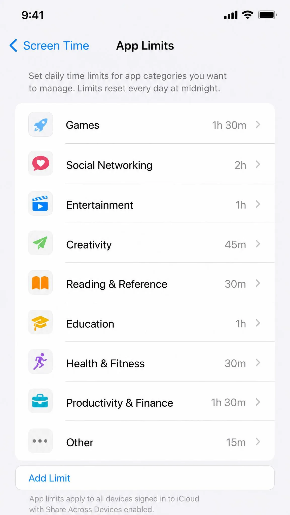 App Limits screen in Screen Time listing app categories such as Games and Social Networking with daily time limit values set beside each.