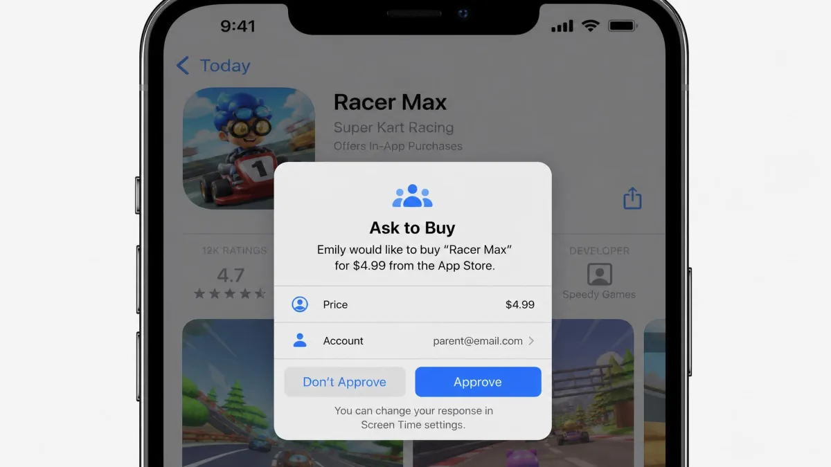 An Ask to Buy approval prompt on a parent's device asking whether to approve a child's app purchase request.