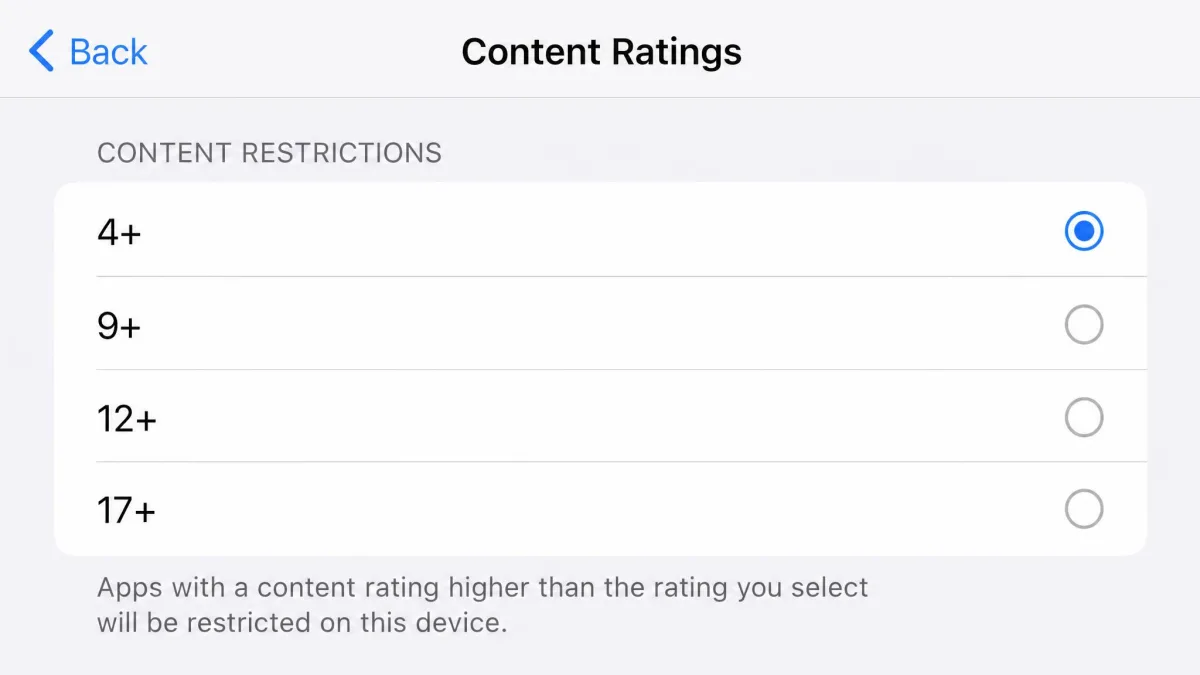 Content ratings screen showing the App Store rating options of 4+, 9+, 12+, and 17+ under Content Restrictions.