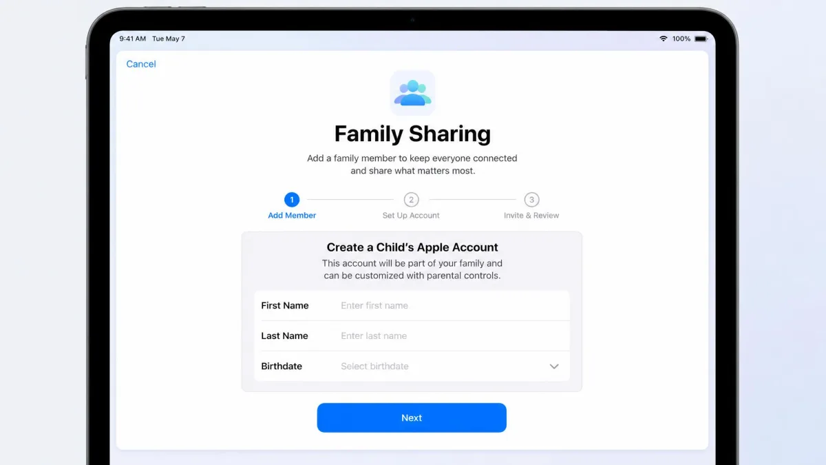 Family Sharing setup screen on an iPad prompting a parent to add a family member and create a child's Apple Account with name and birthdate fields.