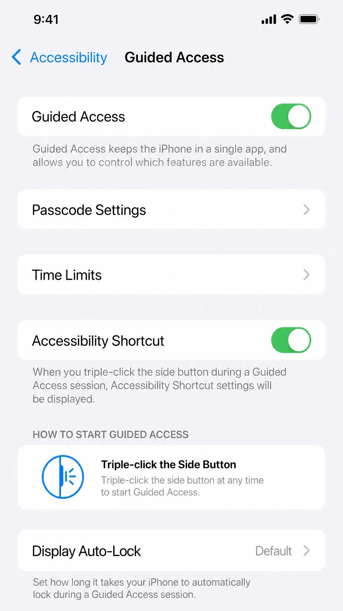 Guided Access settings screen in Accessibility with the switch on and instructions for triple-clicking the side button to start it.