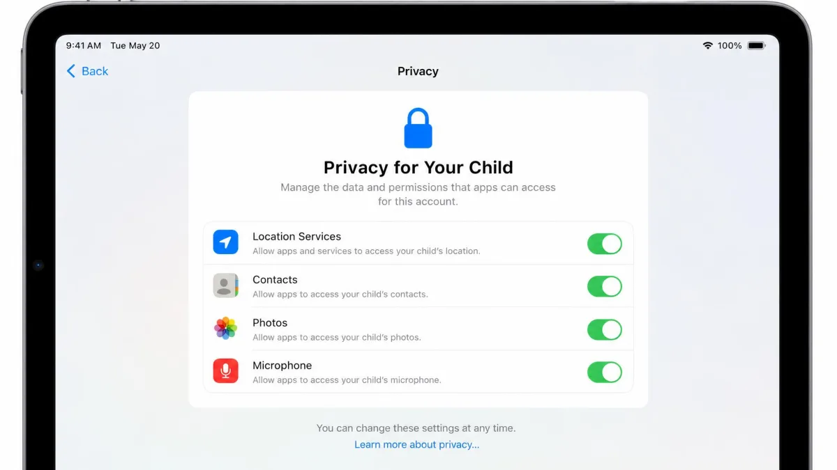 Privacy screen on an iPad listing Location Services, Contacts, Photos, and Microphone permission toggles for a child's account.
