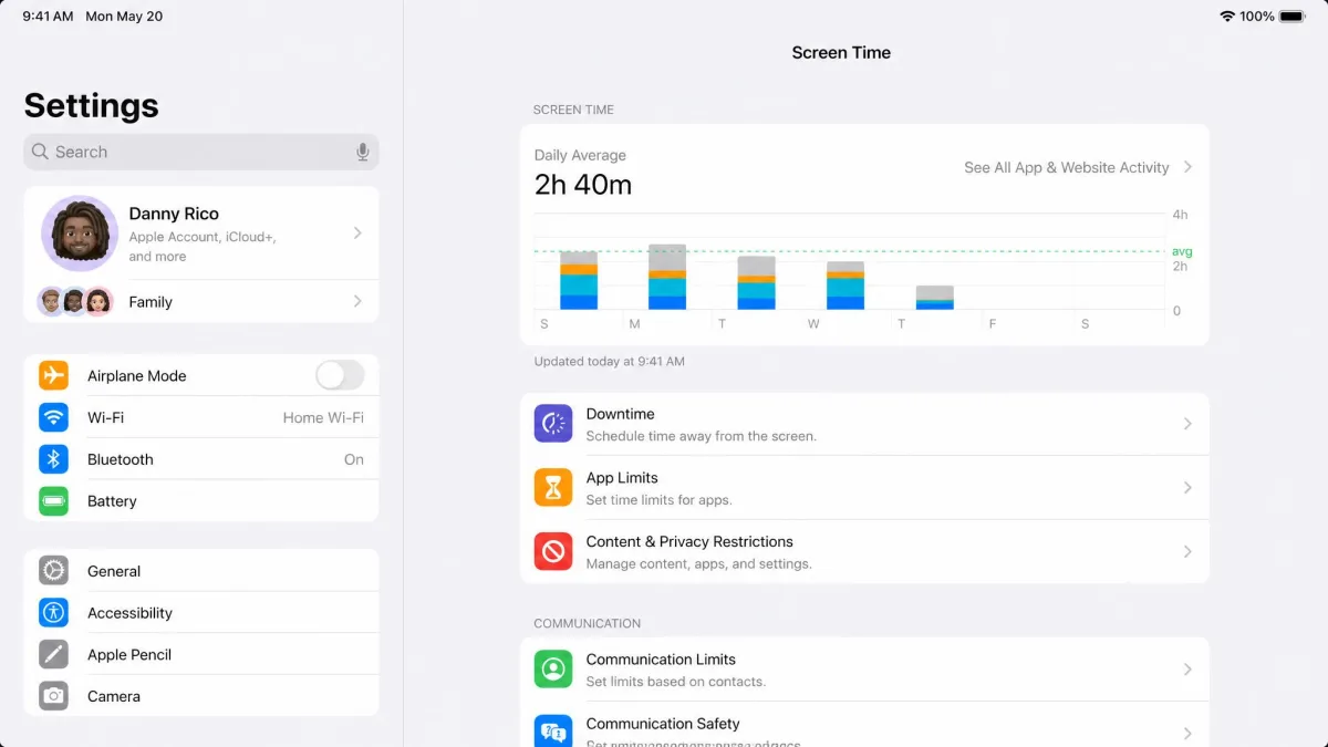iPad Settings app showing the Screen Time menu with Downtime, App Limits, and Content & Privacy Restrictions listed, running a current version of iPadOS.