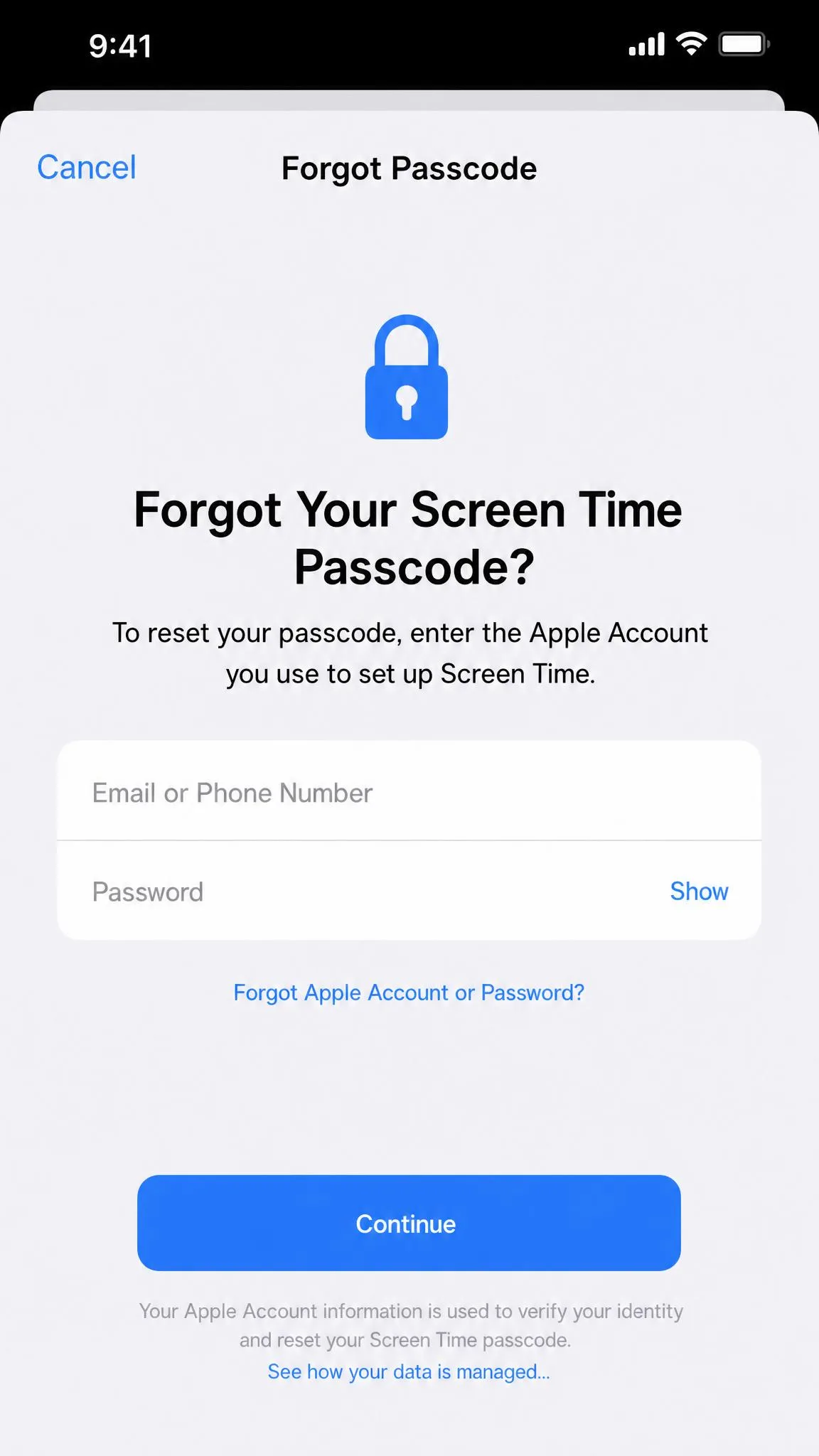 The Forgot Passcode screen under Screen Time's Change Screen Time Passcode option, prompting for an Apple Account to verify a reset.