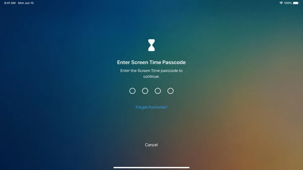 Screen Time passcode entry screen showing the four-digit passcode prompt that is separate from the iPad unlock passcode.